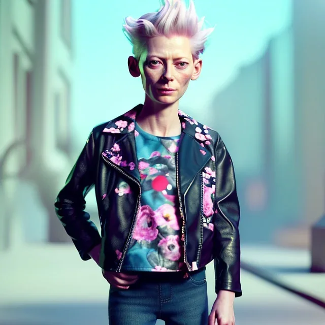 Tilda swinton toddler, full body, leather jacket, floral shirt, floral skirt, Nike sneaker, soft skin, city background, dramatic lighting, hyper realistic