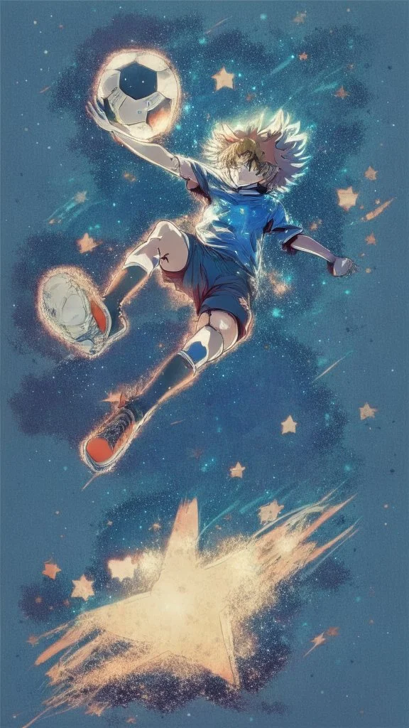 anime soccer player kicking the ball covered in stars