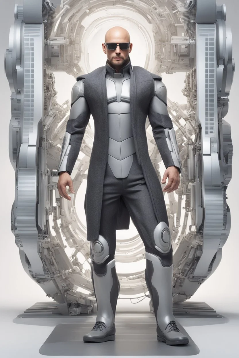 A full body portrait of a powerful man. HIgh tech future