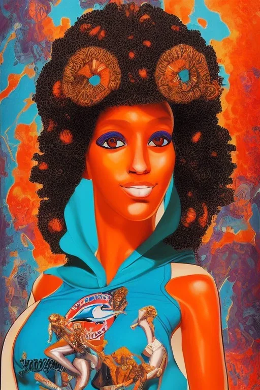 Coptic Art photorealistic portrait painting Afrofuturism style of Zoolander Miami Dolphins-themed female superheroine orange and teal skin-tight costume Reisha Perlmutter Leng Jun Stan Lee Joseph Ducreux Kehinde Wiley Boris Vallejo Jeff Koons Marvel Comics chunyu japanesehighschool academic art street art 64 megapixels Pixar, Disney 3d digital art, Maya 3D, ZBrush 3D shading dynamic lighting iridescent