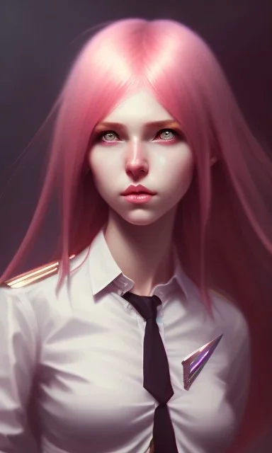 girl, cute, beautiful, pink hair, brown eyes, long hair, bangs, knife in hand, blood on face, by Greg Rutkowski, big boobs, blazer, skirt, yandere