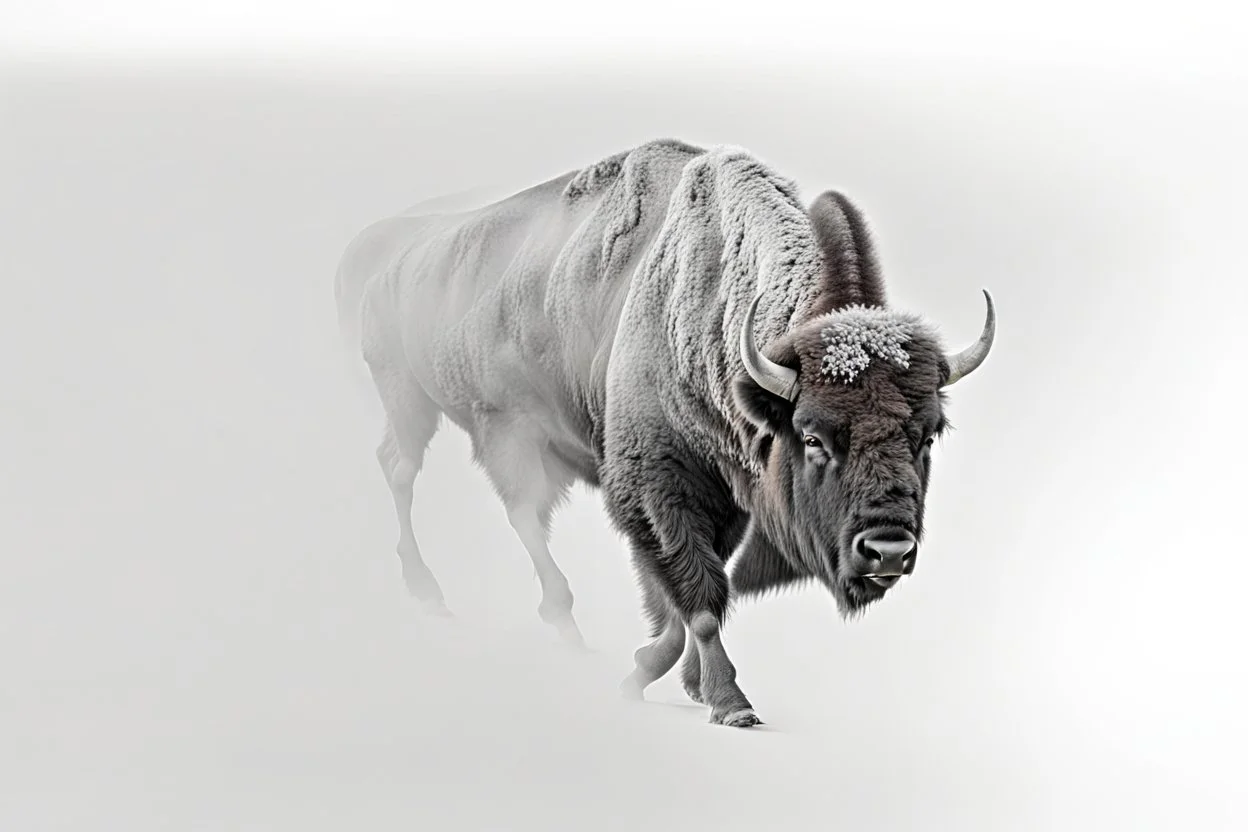 Bison walking towards viewer's right, on white background, fades out on the left