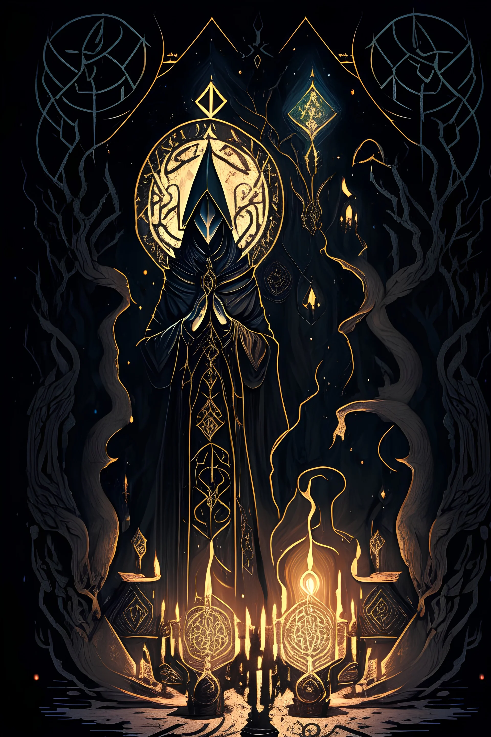 Delve into the mysterious and enigmatic world of the occult with a captivating digital illustration that explores esoteric symbols and mystical elements. Create a scene where an occult practitioner, adorned in intricate robes and surrounded by arcane artifacts, performs a ritual in a dimly lit chamber. The atmosphere is charged with mystical energy, as candles cast flickering shadows and the air is heavy with incense. Intricate sigils and symbols adorn the walls, while ancient grimoires and spel