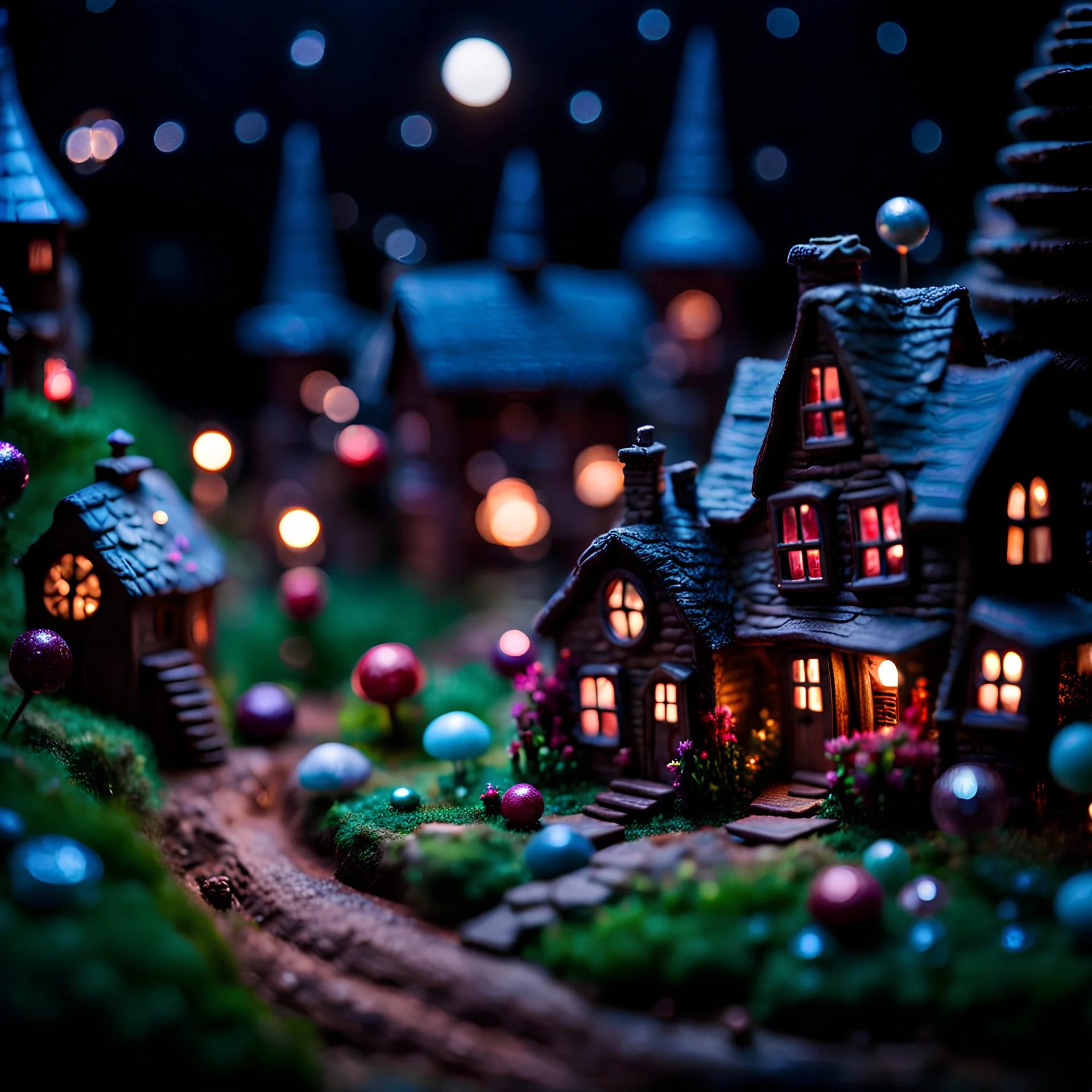 Detailed creepy landscape, tiltshift made of modeling clay, stars and planets, village, flower, Tim Burton, strong texture, Harry Potter, extreme detail, decal, rich moody colors, sparkles, bokeh, odd