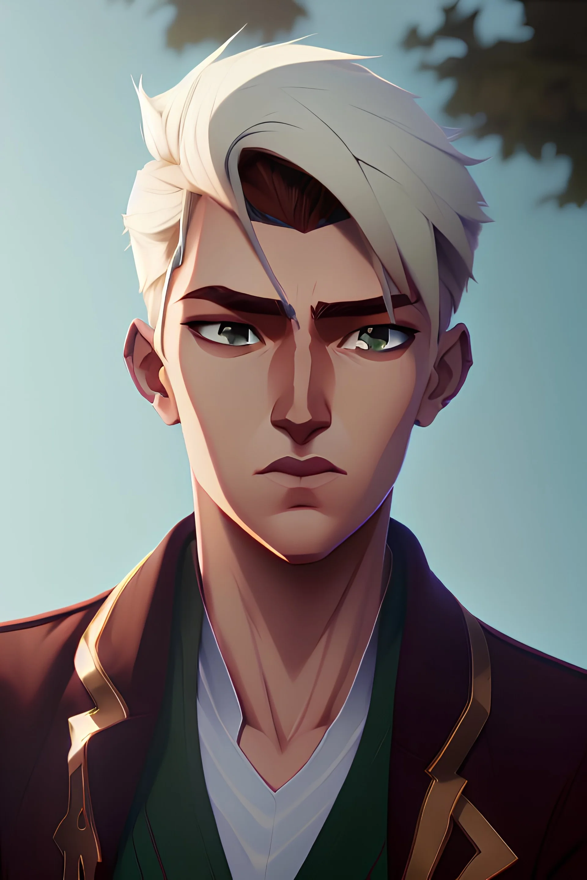 The handsome and perfect portrait is on Spruce Street, anime, blonde-haired and green-eyed male character on the beach for the magazine, 8K resolution, high quality, ultra graphics, and detailed with lines.