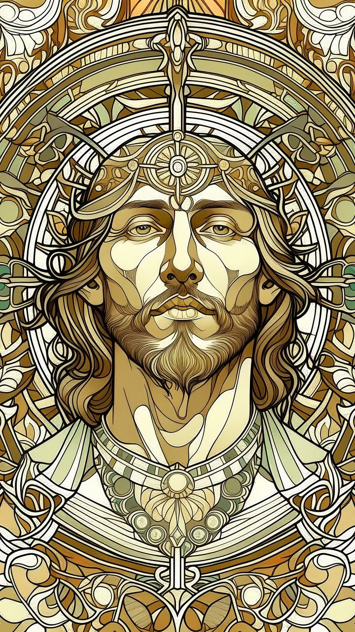 jesus portrait| centered | symmetrical | key visual | intricate | highly detailed | iconic | precise lineart | vibrant | comprehensive cinematic | alphonse mucha style illustration | very high resolution | sharp focus | poster | no watermarks, plain background