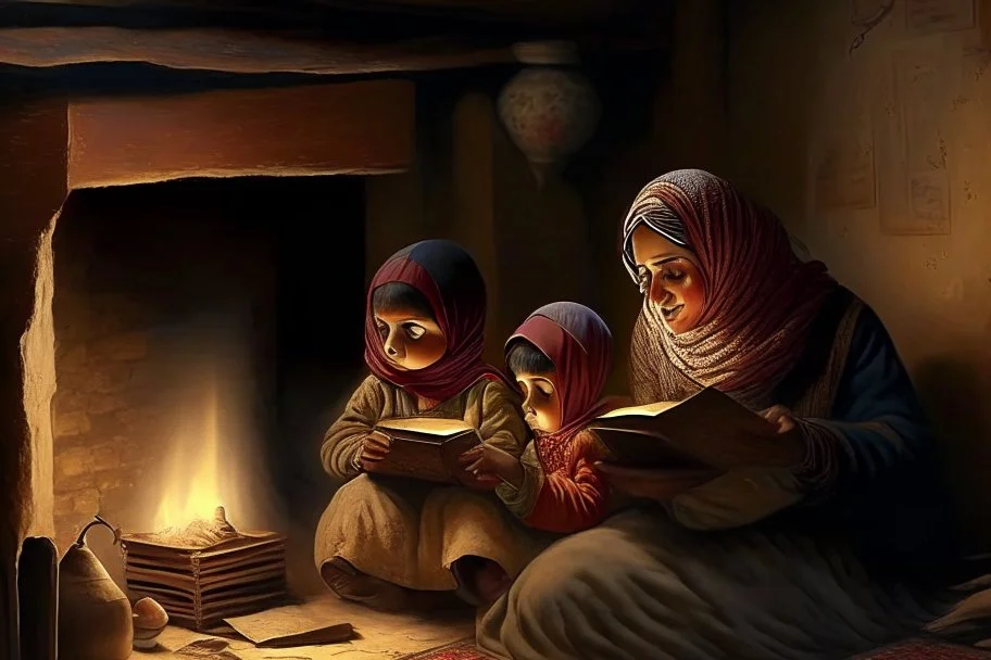 A close-up scene of an Arab mother reading the story from a book with her children around her in the room of the old wooden house near the fireplace 100 years ago.