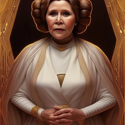 hyperspace background, complete and photo realistic detailed head to waist stunning photo realistic portrait of carrie fisher as Princess Leia in star wars with photo realistic updo hair by Mandy Jurgens and mucha and Richard Schmid and chuck close and chie yoshii, extraordinary and detailed ceremony dress of star wars,brown eyes