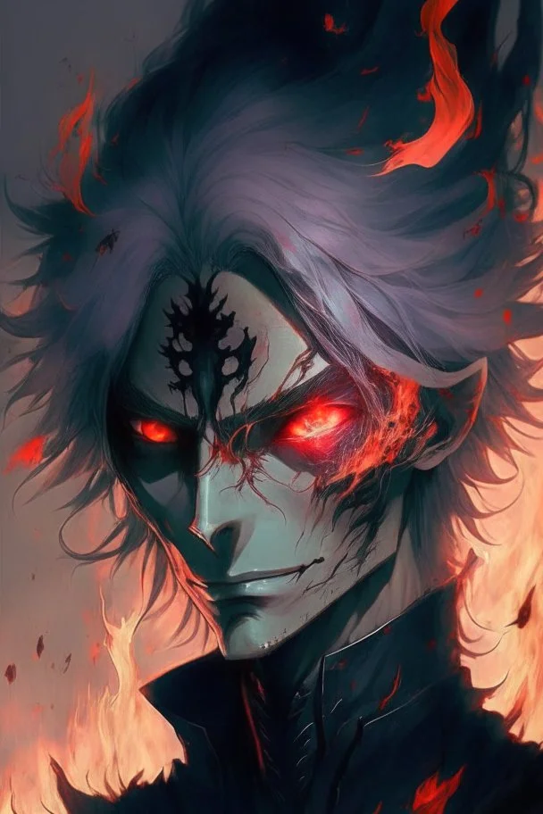 Anime with wight hair and black clothes and power fire and eyes of sharengan and good face and blood in face