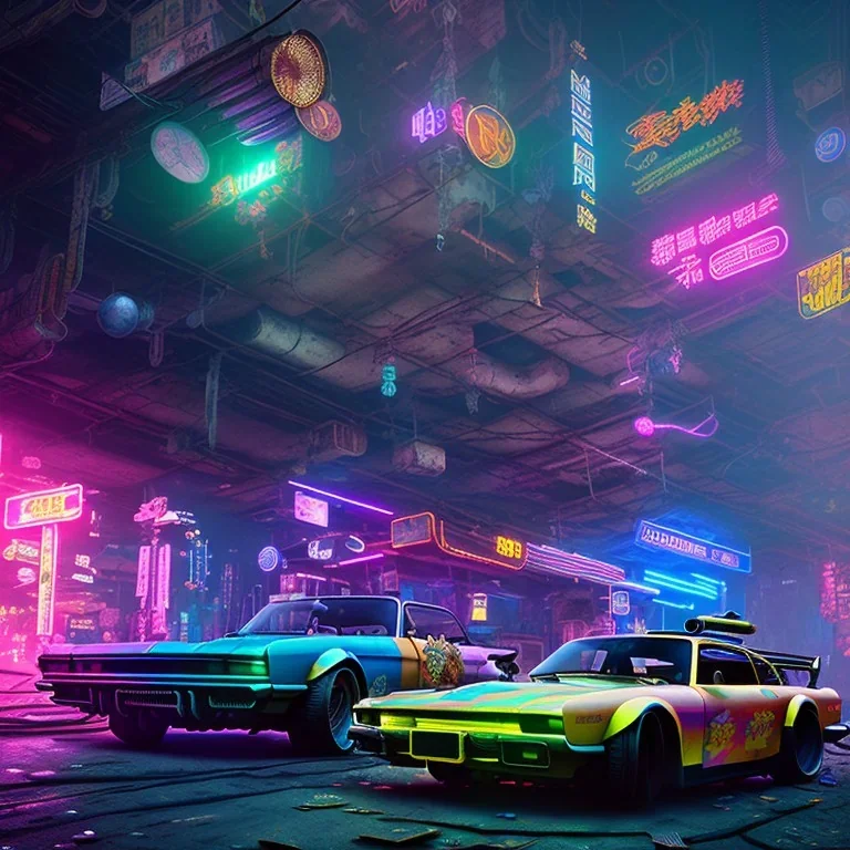 photo quality, unreal engine render, highest quality, stop-motion animation, vivid neon colors, volumetric lighting, cyberpunk 2077, classic car junkyard, deep colors in a dark setting background, post-apocalyptic,