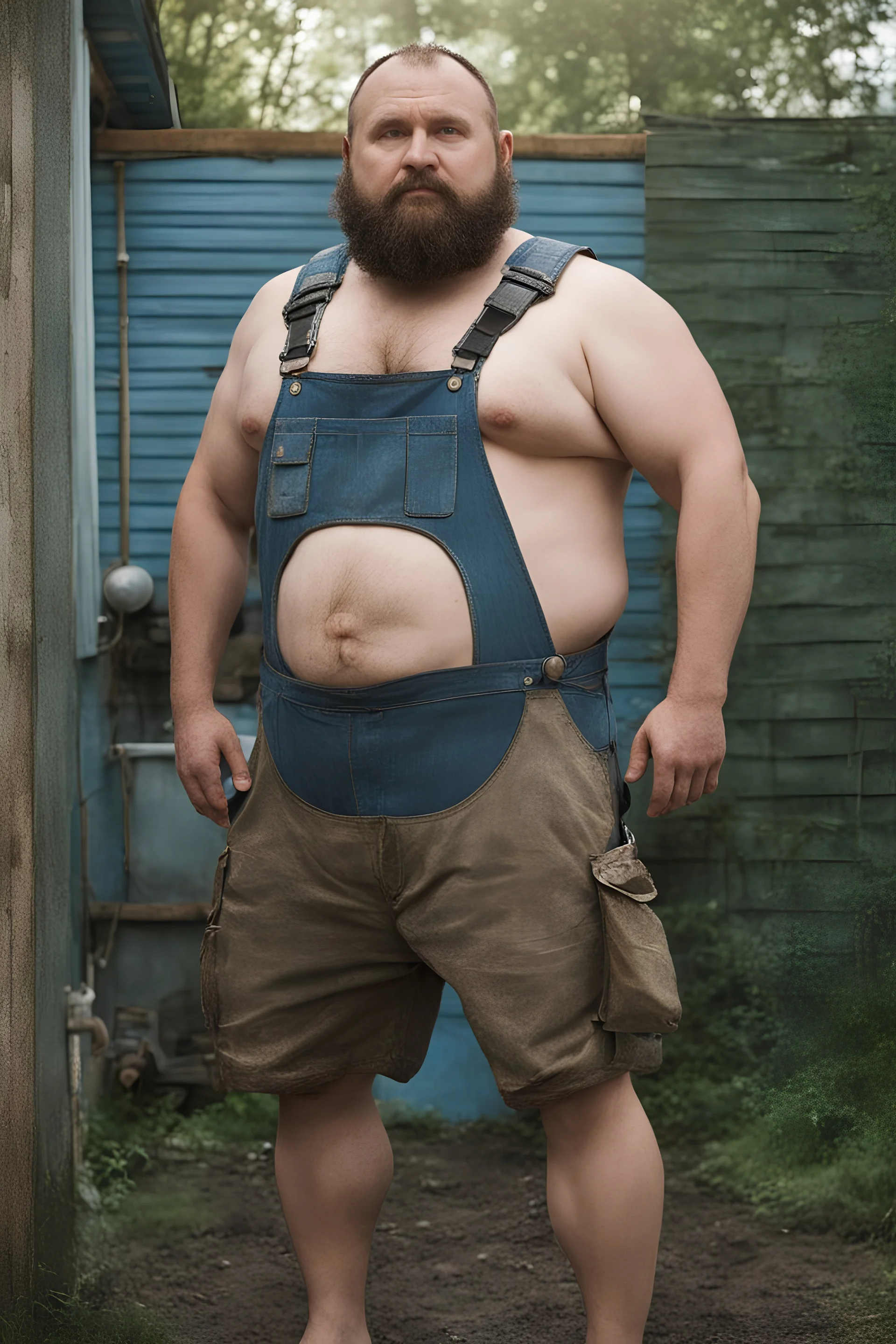 full figure photo, burly big chubby russian plumber, dirty, ripped overalls, 38 years old, crossed arms, shaved, short beard, manly chest, virile, arms, ugly, big thighs, under the flushing shower, sunlight , photorealistic, 35mm lens, ultra detailed