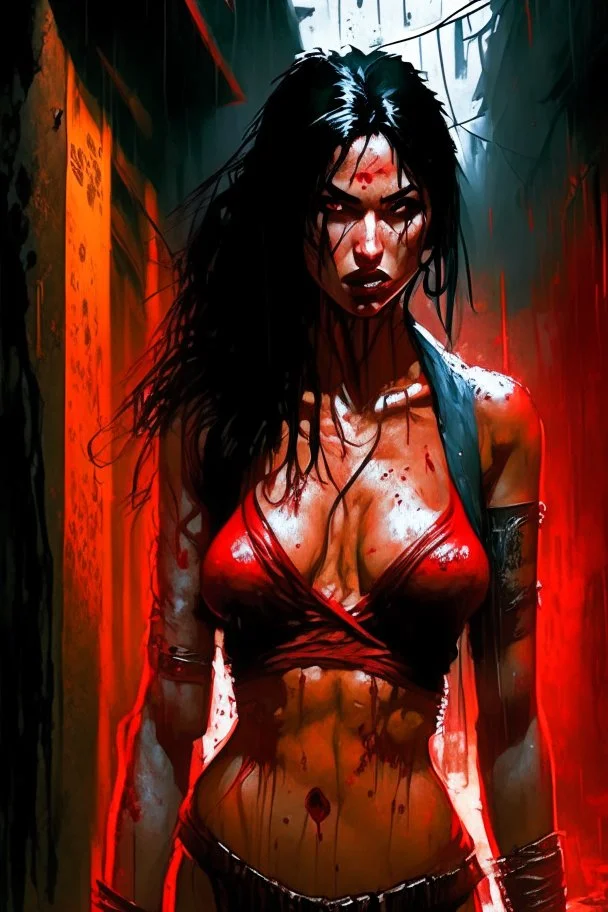 woman in a red bikini standing in a dark alley, by Aleksi Briclot, digital art, girl with black hair, bloody river in hell, as a fortnite character, woman very tired, ready to fight, no yellow color in eyes, torrential rain of blood, stylised comic art, uncharted, bbc promotional artwork