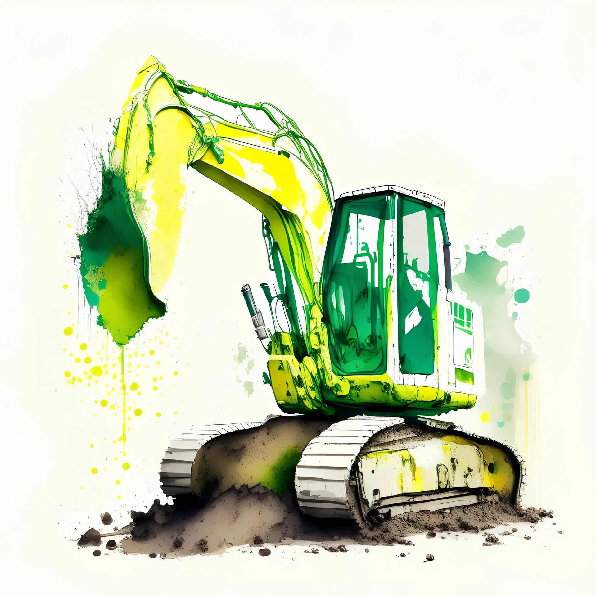 A picture of me, a beautiful excavator, as if hand-drawn, with green and yellow colors on a white background