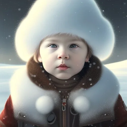 Portrait of boy child with brown hair and with cute face, north pole snowy vibe , perfect composition, hyperrealistic, super detailed, 8k, high quality, trending art, trending on artstation, sharp focus, studio photo, intricate details, highly detailed, by greg rutkowski