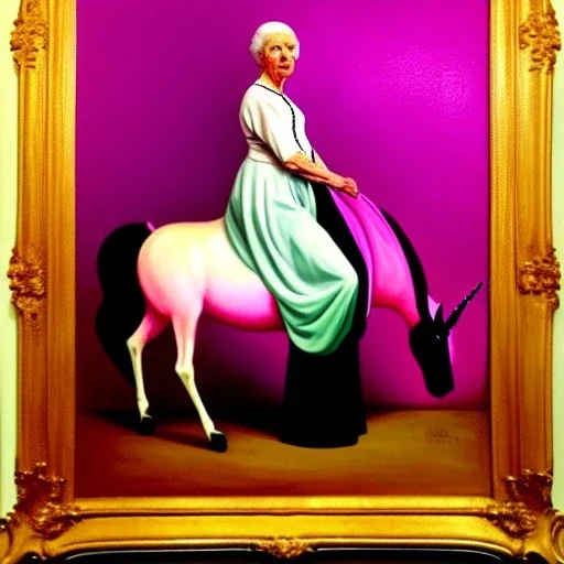 Retrato de una abuela muy guapa llamada Carmen Mozos Bugallo montando un unicornio rosa con el estilo de Diego Velázquez