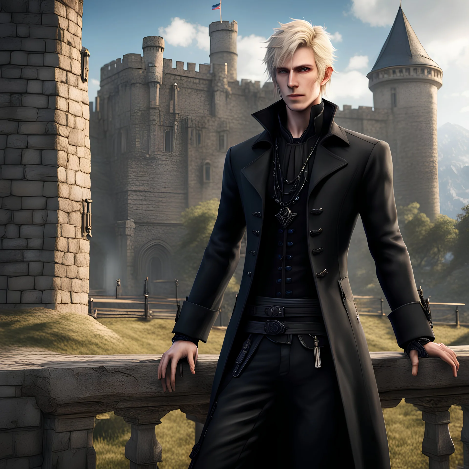 Hyper realistic human male with pale skin and wearing dark black fantasy noble clothes, wearing a hat and glasses. with short blonde hair and blue eyes, looks like a final fantasy 15 character, full body picture, castle in the background, only five fingers on both hands, young looking face