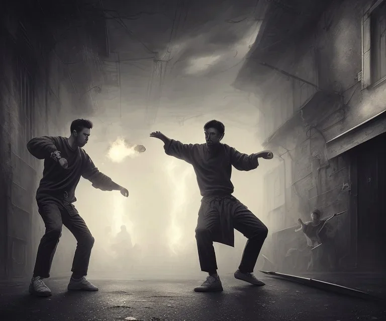 mdjrny-v4 style, twin plain clothed American kung fu artists in a back alley in Los Angeles in a fighting stance, dramatic lighting, epic photo, volumetric lighting, detailed, photo realistic, cinematic, by seb mckinnon