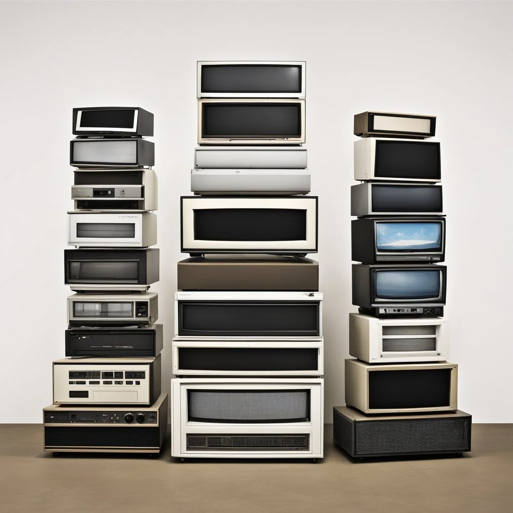 by Marcel Broodthaers, pyramidal stack of televisions, television screens blank, realistic, smooth art,