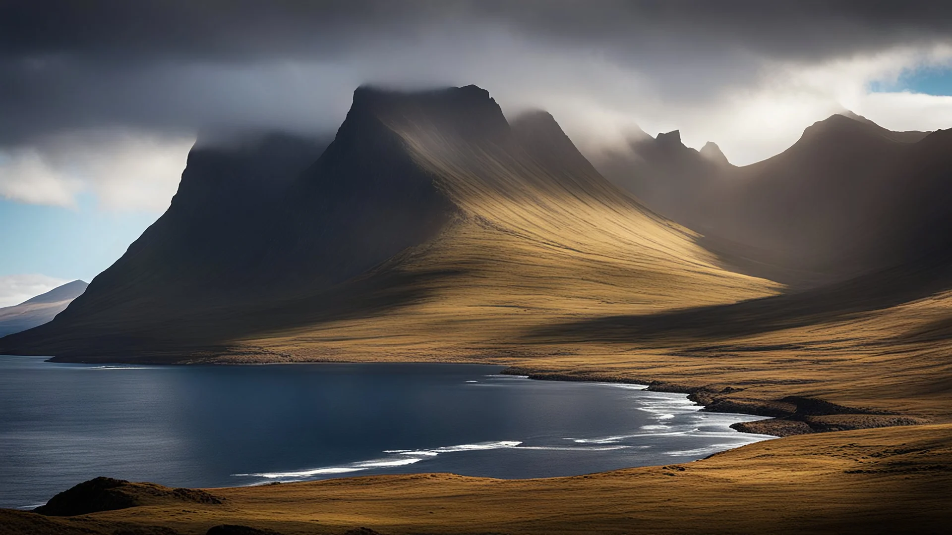 Mountainous landscape on Kerguelen, dramatic sunlight, chiaroscuro, beautiful composition, award-winning photograph