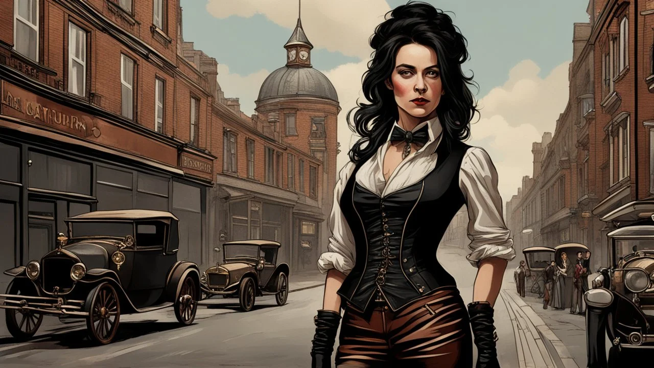 full-height portrait of a woman with straight shoulder-length black hair, with metal arms and legs, dressed in leather trousers, and a waistcoat, in a busy Victorian street next to a steampunk car