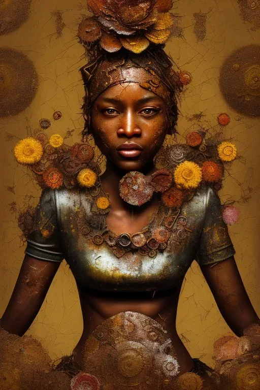 an abstract painting of rusted metal and flowers, african portrait, rust, scaffolding, iron cladding, decay, mixed media, textured, anatomically correct, beautiful perfect face, sharp focus, highly detailed