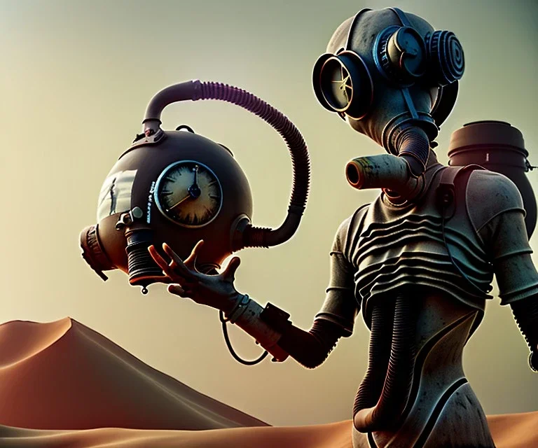 Alien, gas mask, holding, atmospheric pressure, hands, metal, desert, vest, scales, tentacles, computer