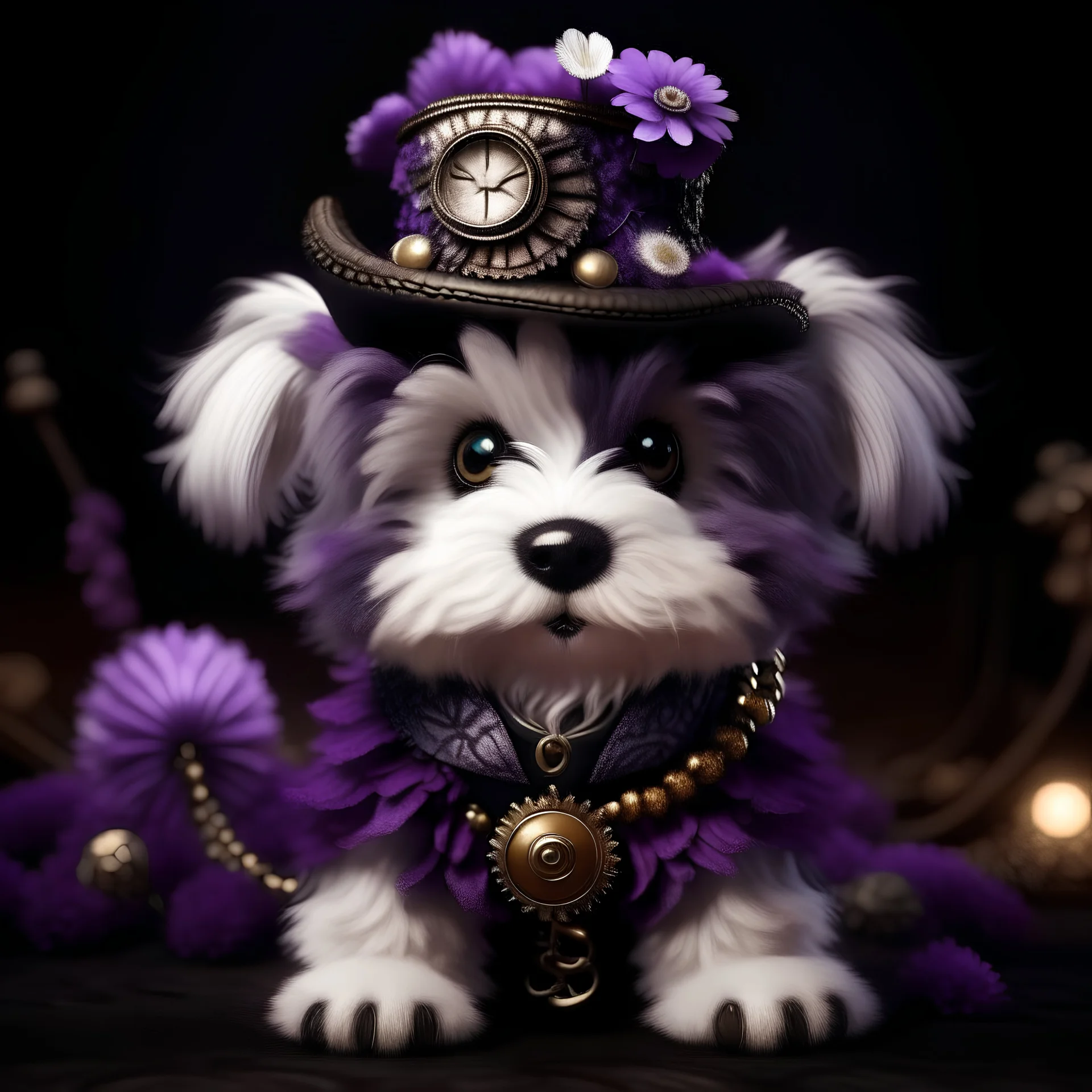 full body, Steampunk fluffy cute puppy, flower, purple black white, High resolution, top quality, sharp focus, 8k