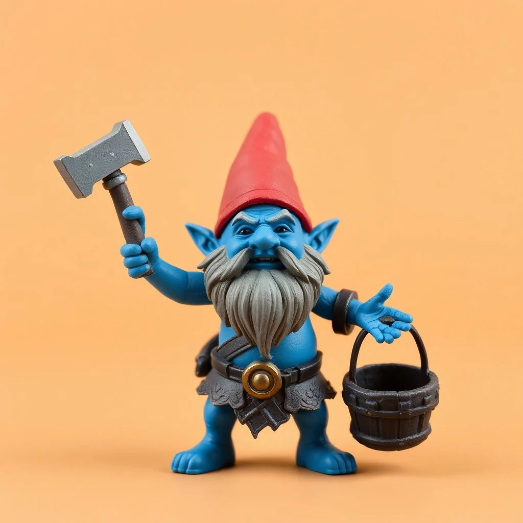 low poly, blueish dwarf gnome troll miniature model half painted arms outstretched holding battle hammer offering gift, bucket shield background