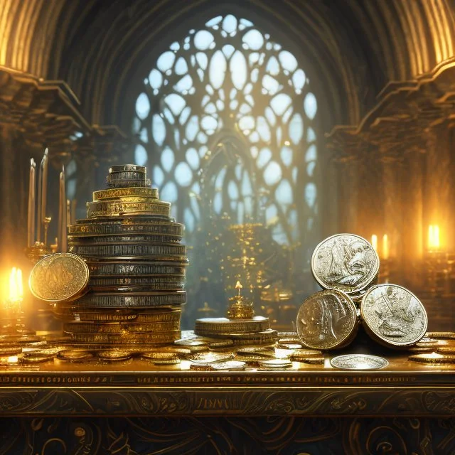 dynamic lighting, Intricately detailed, Splash screen art, deep color, Unreal Engine, volumetric lighting, silver coins, gold coins, silver treasure, stacked coins, indoors, altar, black table, sigil, shiny, windows, cathedral,