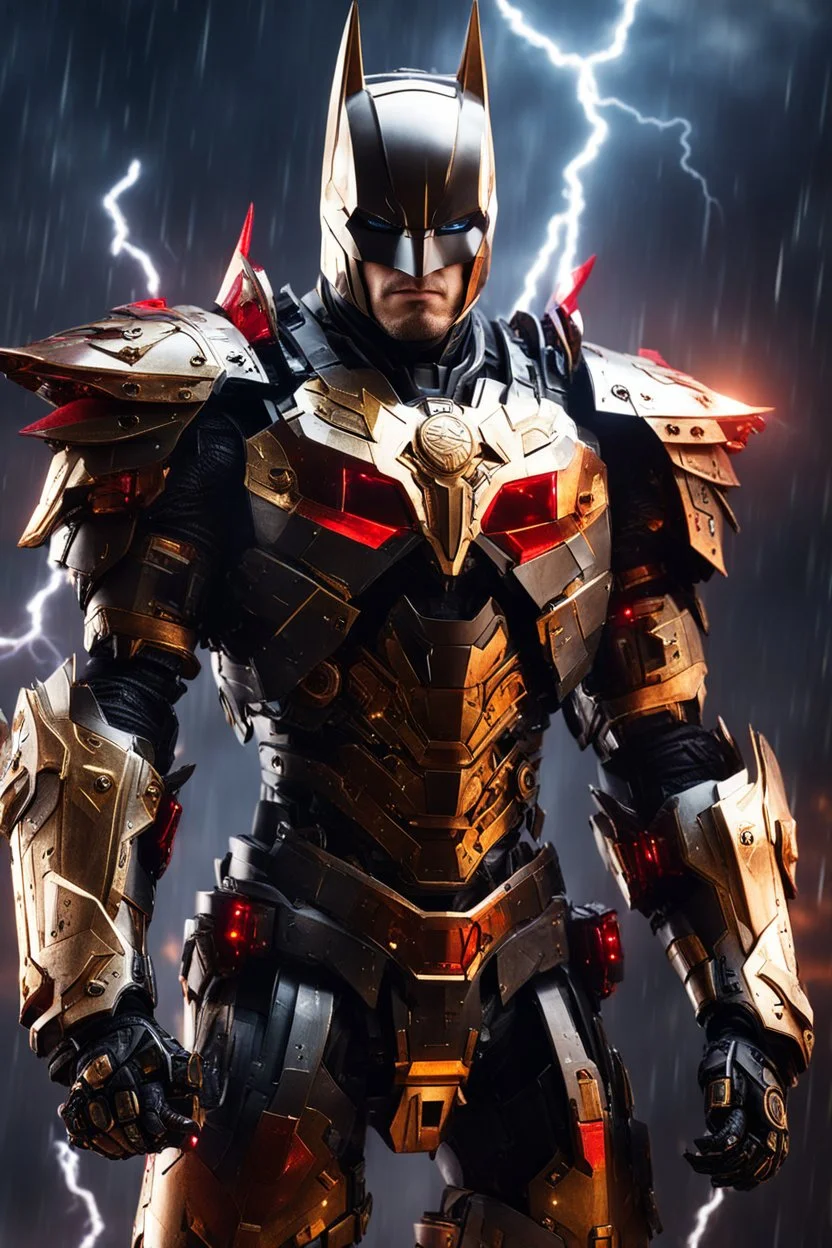 Dark Lord Batman mechanical robo warrior character, anthropomorphic figure, wearing futuristic mecha warrior armor and weapons, reflection mapping, realistic figure, hyperdetailed, cinematic lighting photography, 32k uhd with a golden staff, red lighting on suit, lightning thunder storm background