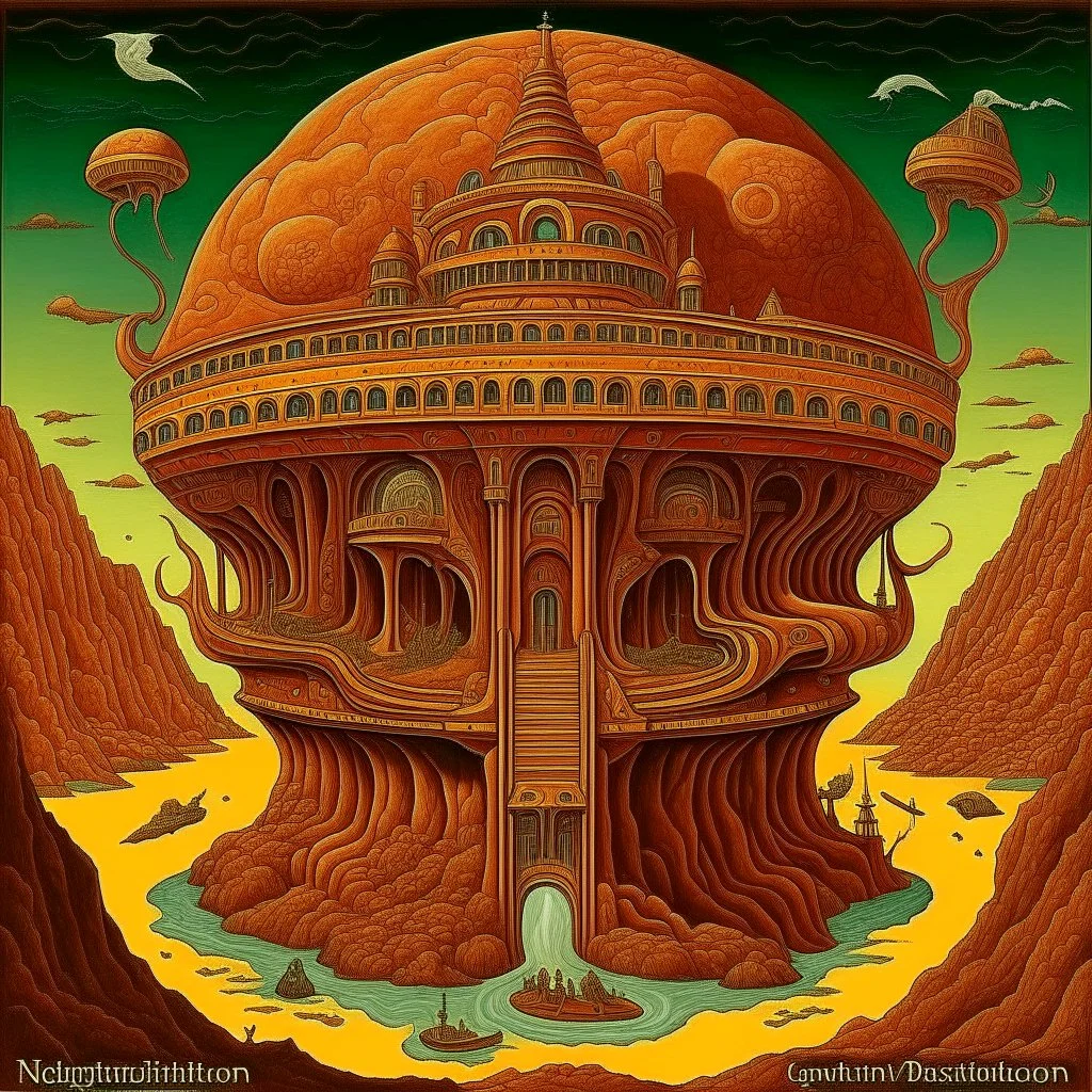 stygian vivisection of metaphysical alternate reality monument, neo surrealism, by Michael Hutter, imperial colors, smooth meander art style, perfect composition.