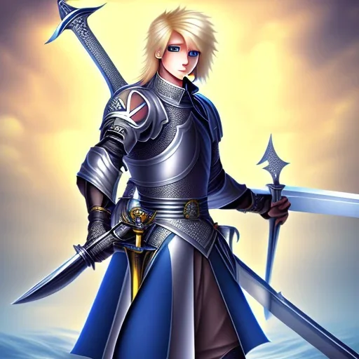 blond anime with dark blue eyes holding sword