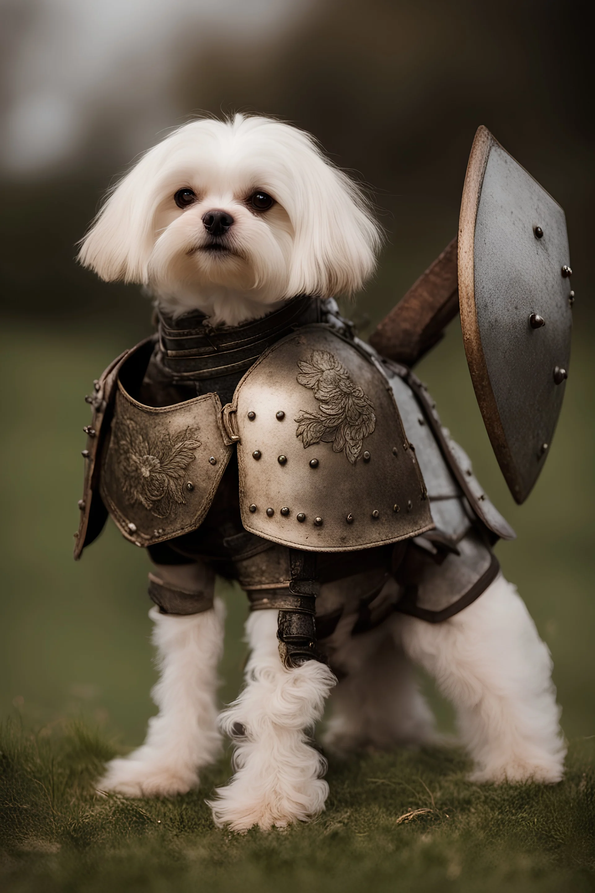 raw photo of a maltese dog in armour
