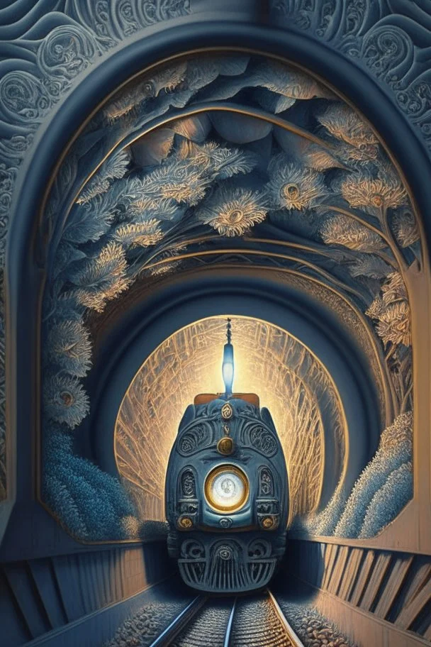 Then it comes to be that the soothing light at the end of your tunnel Was just a freight train coming your way; intricately detailed surreal optical art, award-winning,