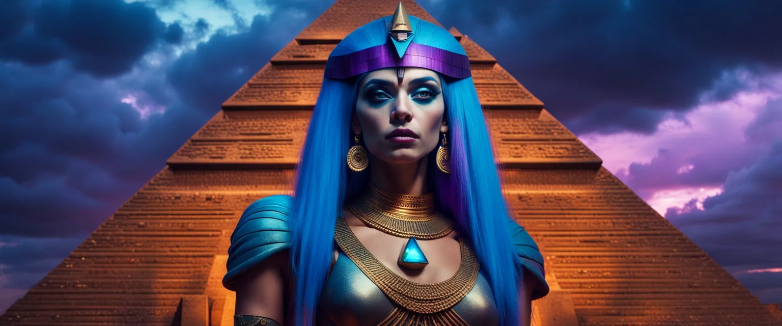 Hyper Realistic Photographic-View of a Beautiful-Alien-Cleopatra with glowing-blue-hair-&-devilish-eyes standing outside her pyramid with purple-cloudy-sky at dark-rainy-night dramatic & cinematic ambiance