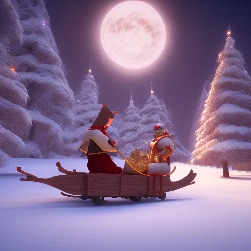 Mysterious christmas night, a heavenly floating sledge coming down to earth against the backdrop of sky, surreal atmosphere, cosmic backdrop, celestial ambience, soft lighting, very chilly appearance of the surroundings, unreal engine 5 volumetric lighting, intricate details, realistic style, 8k resolution