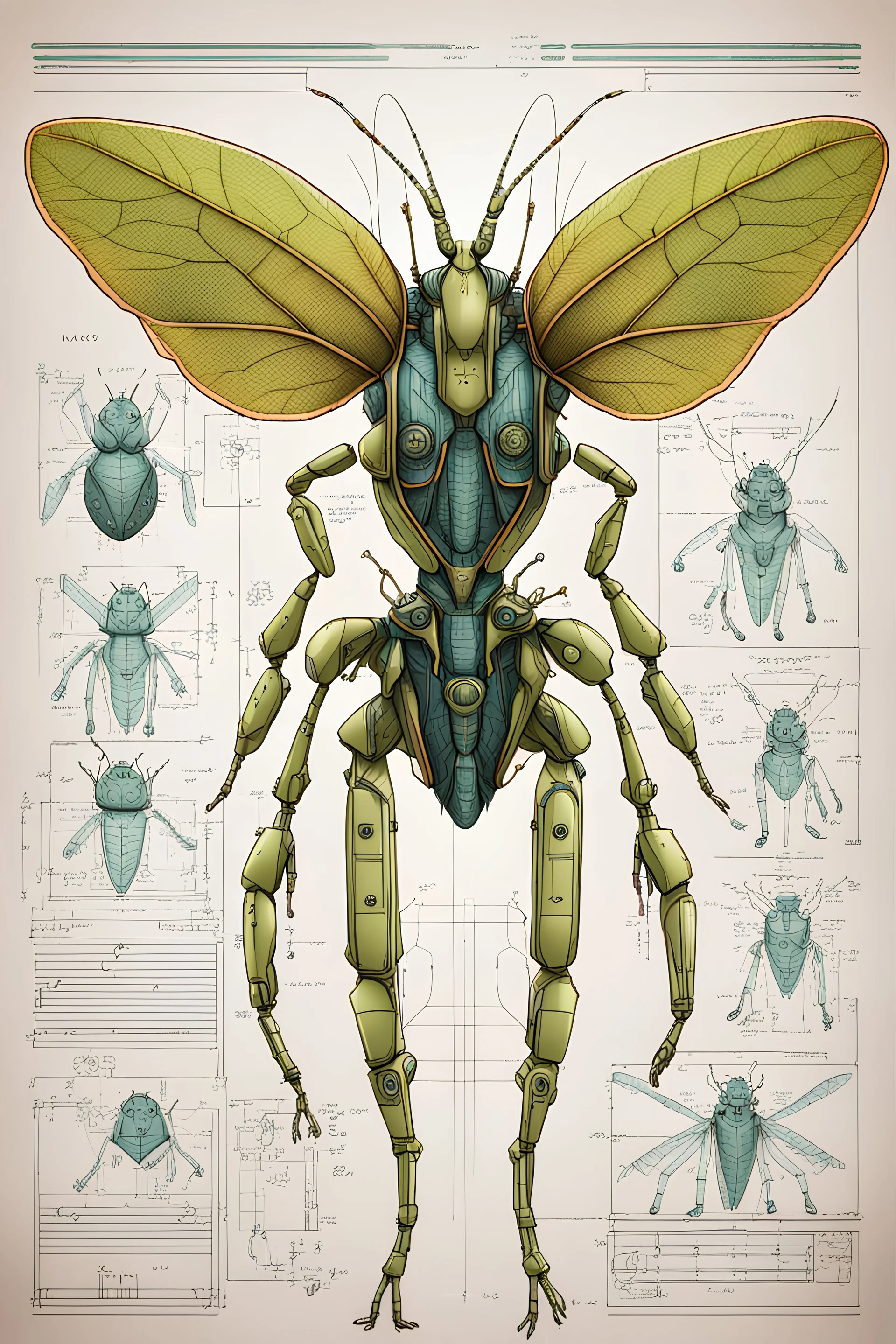 Hand drawn technical illustration , with detailed blueprints and engineering schematics of a robotic walking leaf insect girl, with highly detailed facial features, drawings, and technical notation, 8k, vibrant natural colors