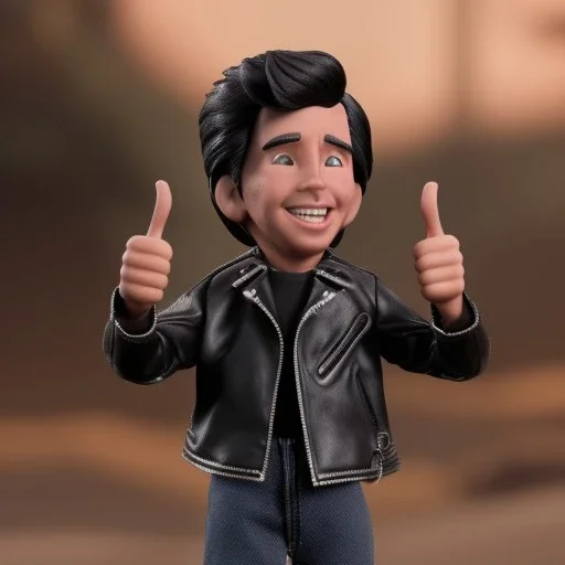 wide view young Fonz with black hair greaser figure doll 1975 (thumbs-up) (face) Forehead grin, fonzarelli, ((Arnold's drive-in)) fonziE fonz