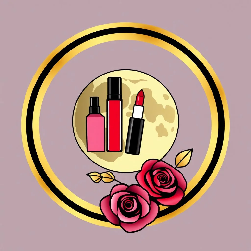 A circular logo designed for a cosmetics store with the symbol of the moon, which is decorated with cosmetics and nail polish, lipstick, body spray, and with a rose at the bottom, and gold, black, red, pink, and red colors are used in it.