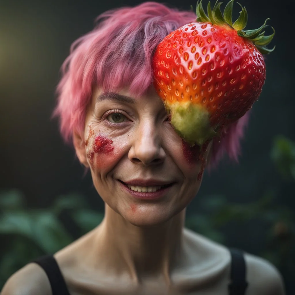 An amusing parody, an old, decomposing strawberryzombiegorillawitch with pixie-cut hair, wearing rotting underwear, 4k, 8k, 32k UHD, Hyper realistic, extremely colorful, vibrant, photorealistic, realistic, sharp, highly detailed, professional quality,