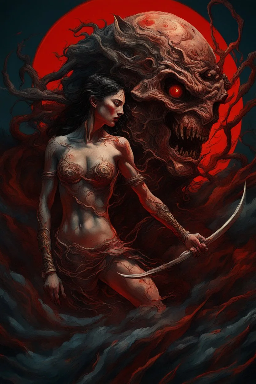 A dramatic digital painting portraying a warrior-girl and horror monster under the Red Moon, veins pulsing, claws of temptation visible, soul in turmoil. In the style of Salvador Dali and Van Gogh , vivid colors, swirling brushstrokes, highly detailed, 8k resolution, surrealistic., juicy emotions, painting, gloomy fantasy, gloomy day, dark world, portrait, oil and graphite, wide strokes, a weaving frame around, by Ryohei Hase, Agnes Cecile, Raymond Swanland, Anne Bachelier