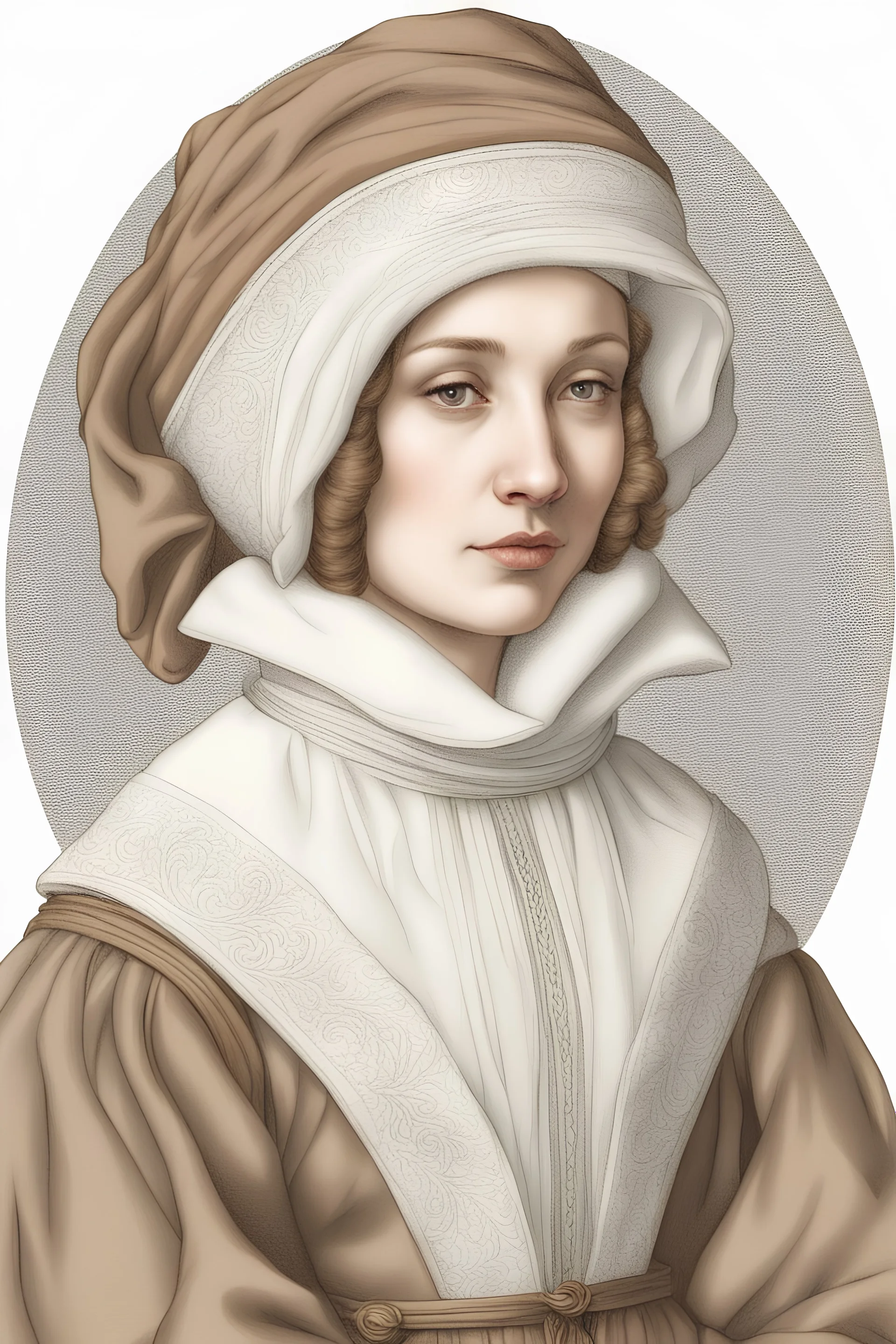 portrait of a renaissance woman in winter clothes the style of da vinci on a white background