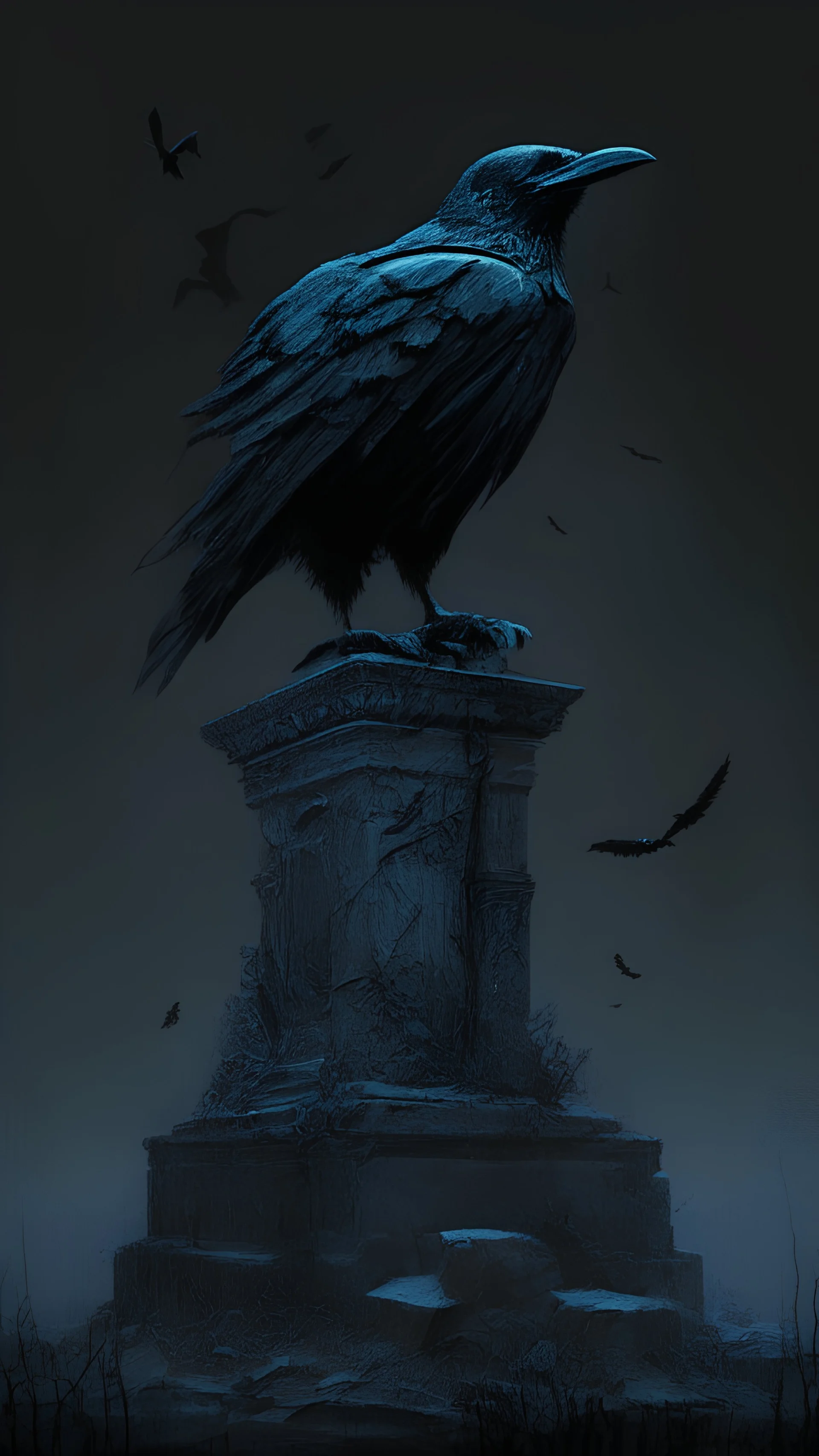 The crow is standing on a grave in front of a scary mansion in the dark. It has radiant black plumage that shimmers in the dim light. The crow looks sharp with eyes towards the unknown horizon. The tomb is built of sandstone, and is decorated with a rickety statue of a former king. The crow swayed gently in the cold wind, remnants of snow could be seen on the distant peak in the mountains. The desired effect is a sense of mystery and hidden horror in the scene, with emphasis on the details
