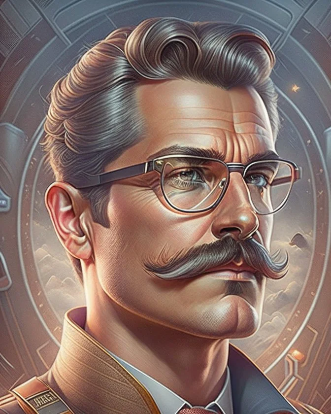 Best quality, masterpiece, ultra high definition, Retro Futuristic,man, mustache, Comic style