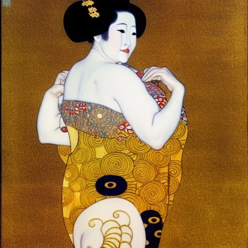 Retrato de cuerpo entero de una Geisha bella voluptuosa vestida estilo de Gustav Klimt