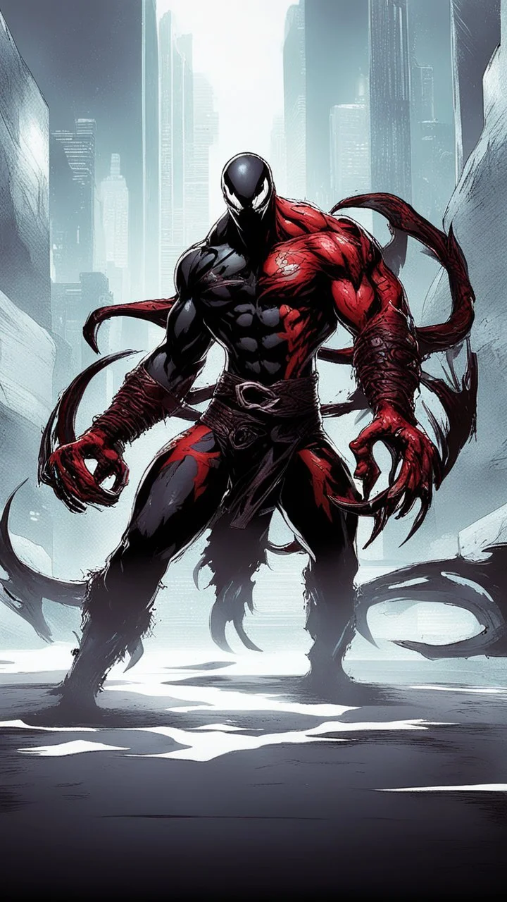 A close picture of Venom symbiote with kratos red tattoos and Clothes holding blade of choice