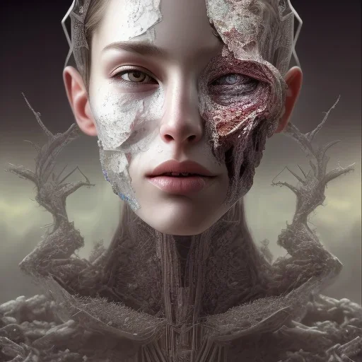 half bride's face, half male face, broken, cracked-open, fine detail, highly intricate, bridal veil, modern surrealism painting, identity crisis, high-quality, volumetric lighting, 8k, ultrahd, George Grie, Marco Escobedo, Igor Morski