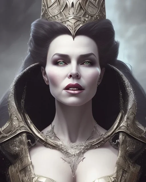 old evil queen in black leather gown, femme fatale, volouptous, busty, cleavage, angry, emperious, 8k resolution concept art portrait by Greg Rutkowski,