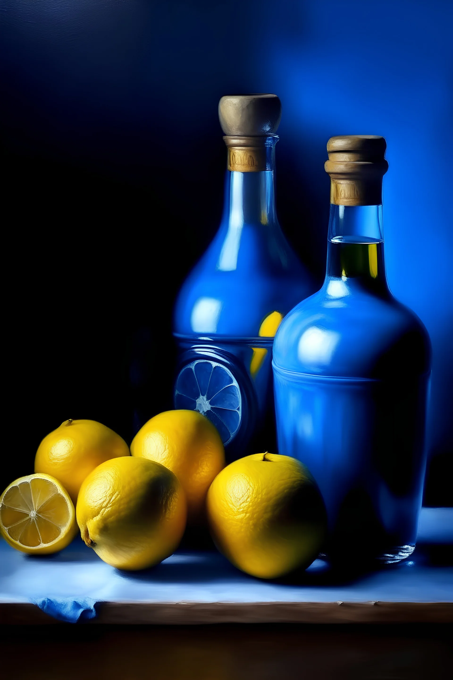 Very detailed oil painting of a beutiful still life with only three lemons and one blue bottle, realistic texture, realistic natural lighting,