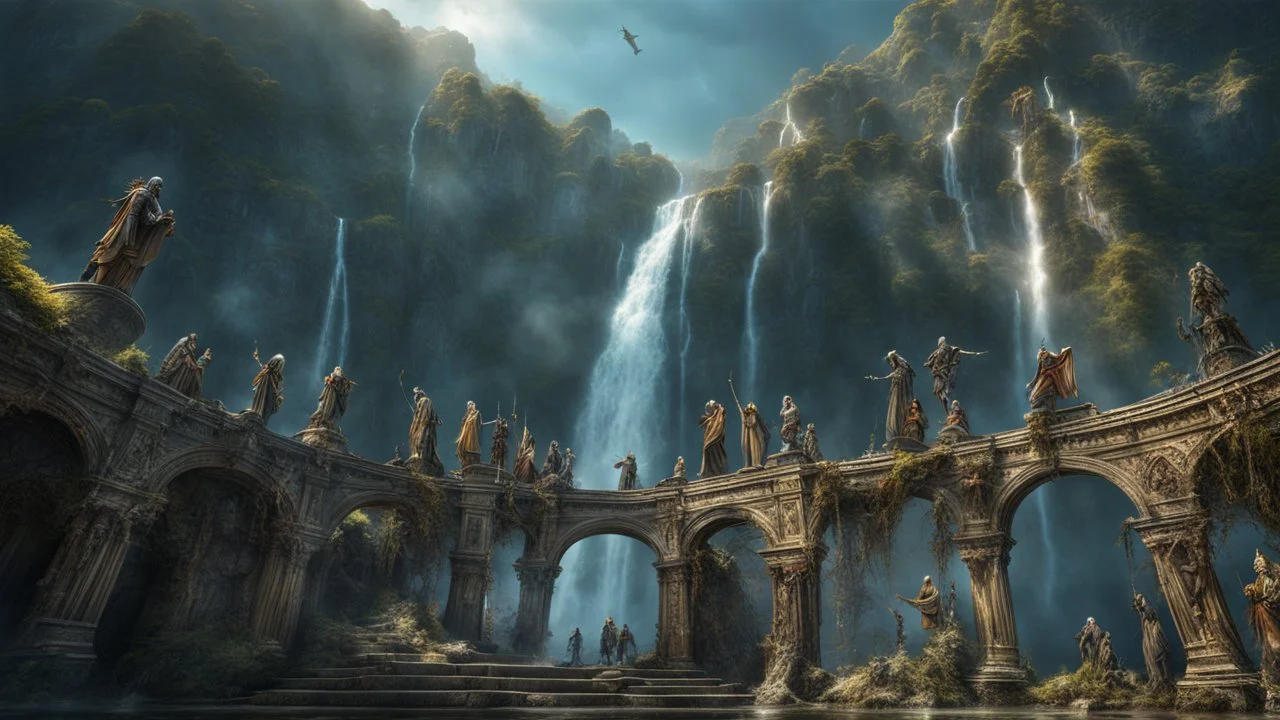 Ancient Zombies falling down from the top of a 3.000 feet high waterfall. fantasy setting, horror. exquisite realism, a masterpiece, fantasy concept art, dynamic lighting, hyperdetailed, intricately detailed, deep color, Unreal Engine, volumetric lighting, Epic cinematic brilliant stunning intricate meticulously detailed dramatic atmospheric maximalist digital matte painting